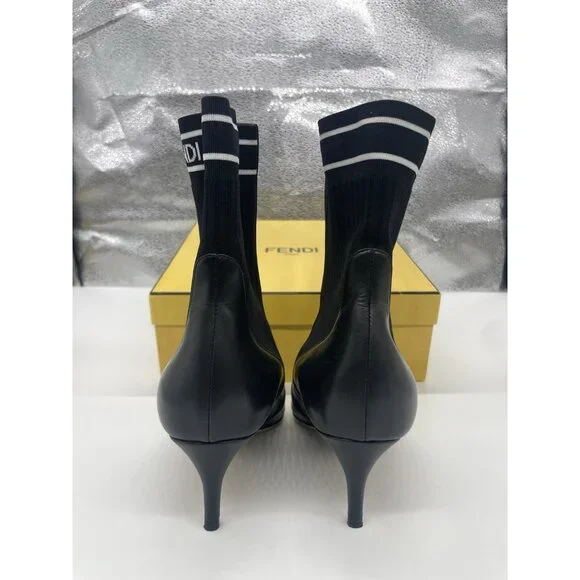 Fendi Rockoko Black Leather Boots Stretch FF Logo Sock Ankle Kitten Heel EU 40 - Picture 5 of 7